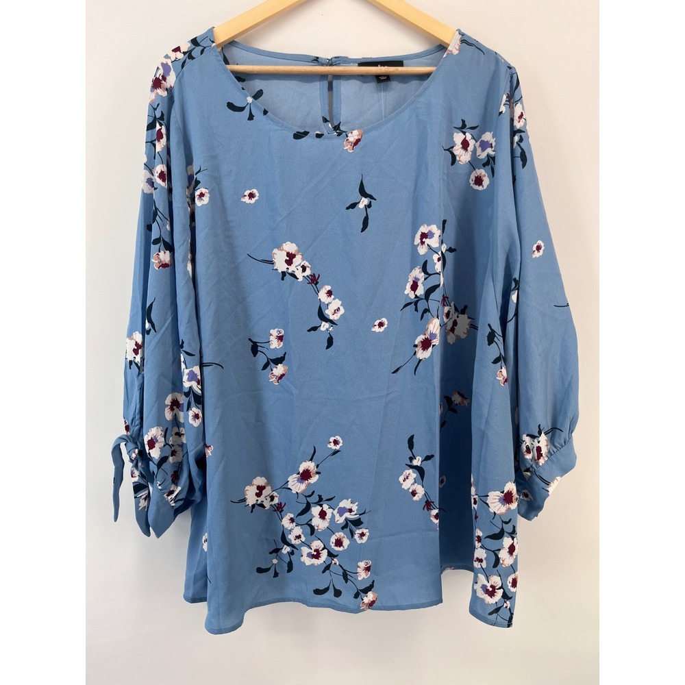 Ellos Women Blue Floral Tie Cuff Blouse Scoop Neck Keyhole Back Size 26 08136